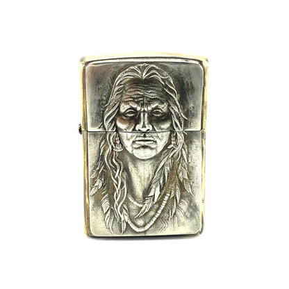 Handmade Vintage Brass Lighter Case EDC Outdoor, Lighter Insert Replacement Metal Armor-Injun Lady