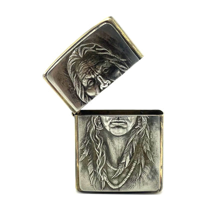 Handmade Vintage Brass Lighter Case EDC Outdoor, Lighter Insert Replacement Metal Armor-Injun Lady