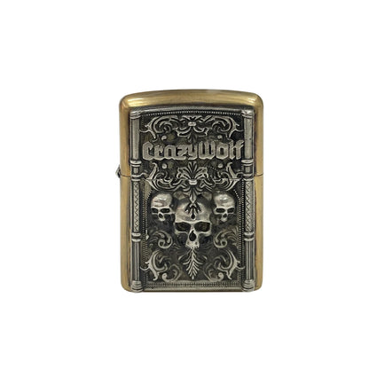 Handmade Vintage Brass Lighter Case EDC Outdoor, Lighter Insert Replacement Metal Armor-Skull Crazy Wolf