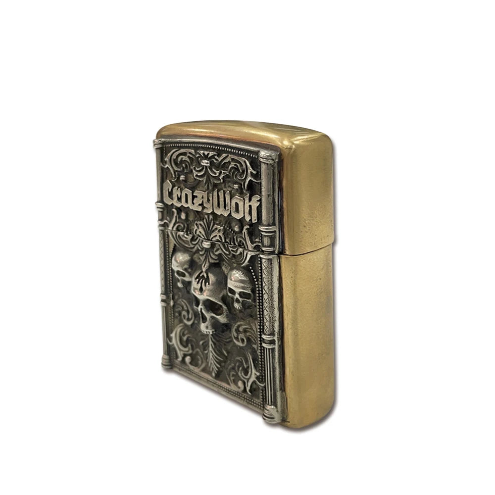 Handmade Vintage Brass Lighter Case EDC Outdoor, Lighter Insert Replacement Metal Armor-Skull Crazy Wolf