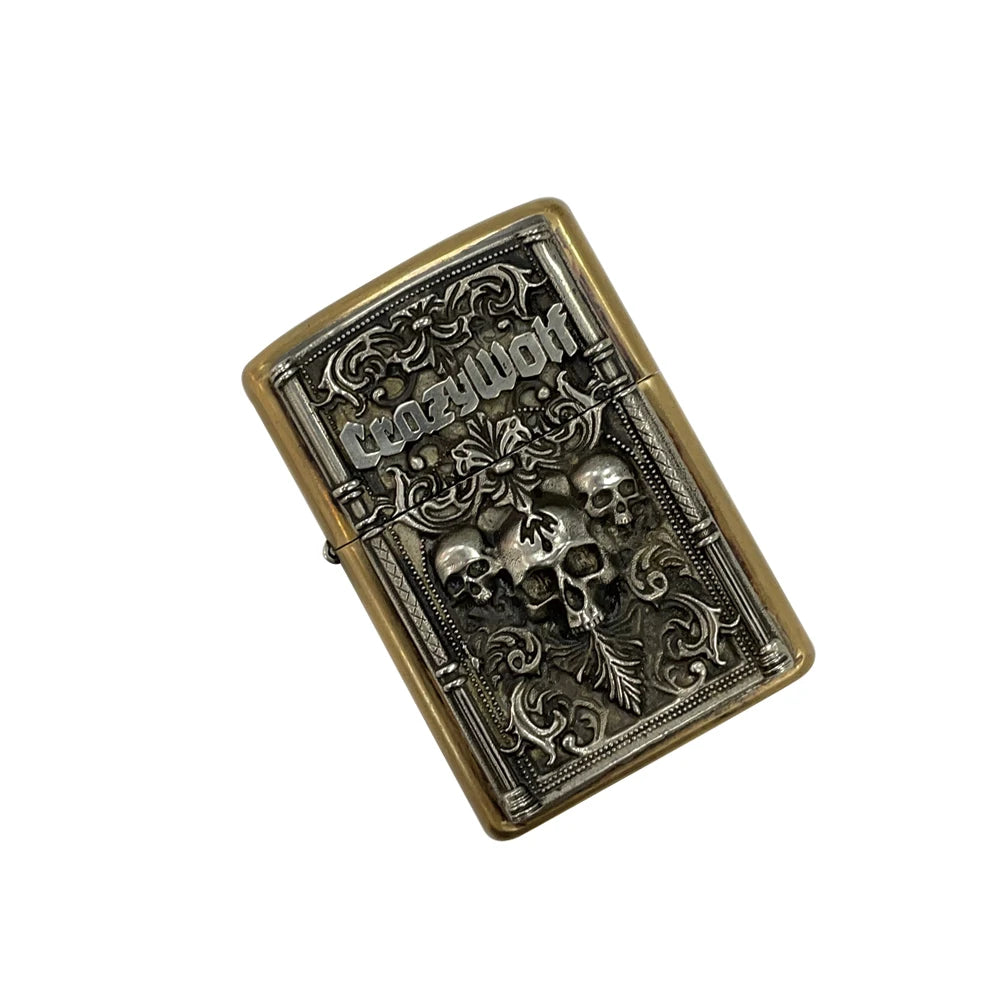 Handmade Vintage Brass Lighter Case EDC Outdoor, Lighter Insert Replacement Metal Armor-Skull Crazy Wolf