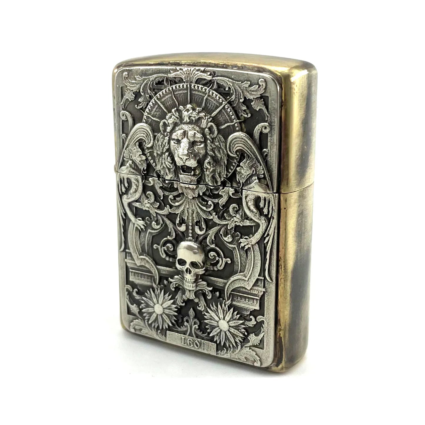 Handmade Vintage Brass Lighter Case EDC Outdoor, Lighter Insert Replacement Metal Armor-Skull Lion