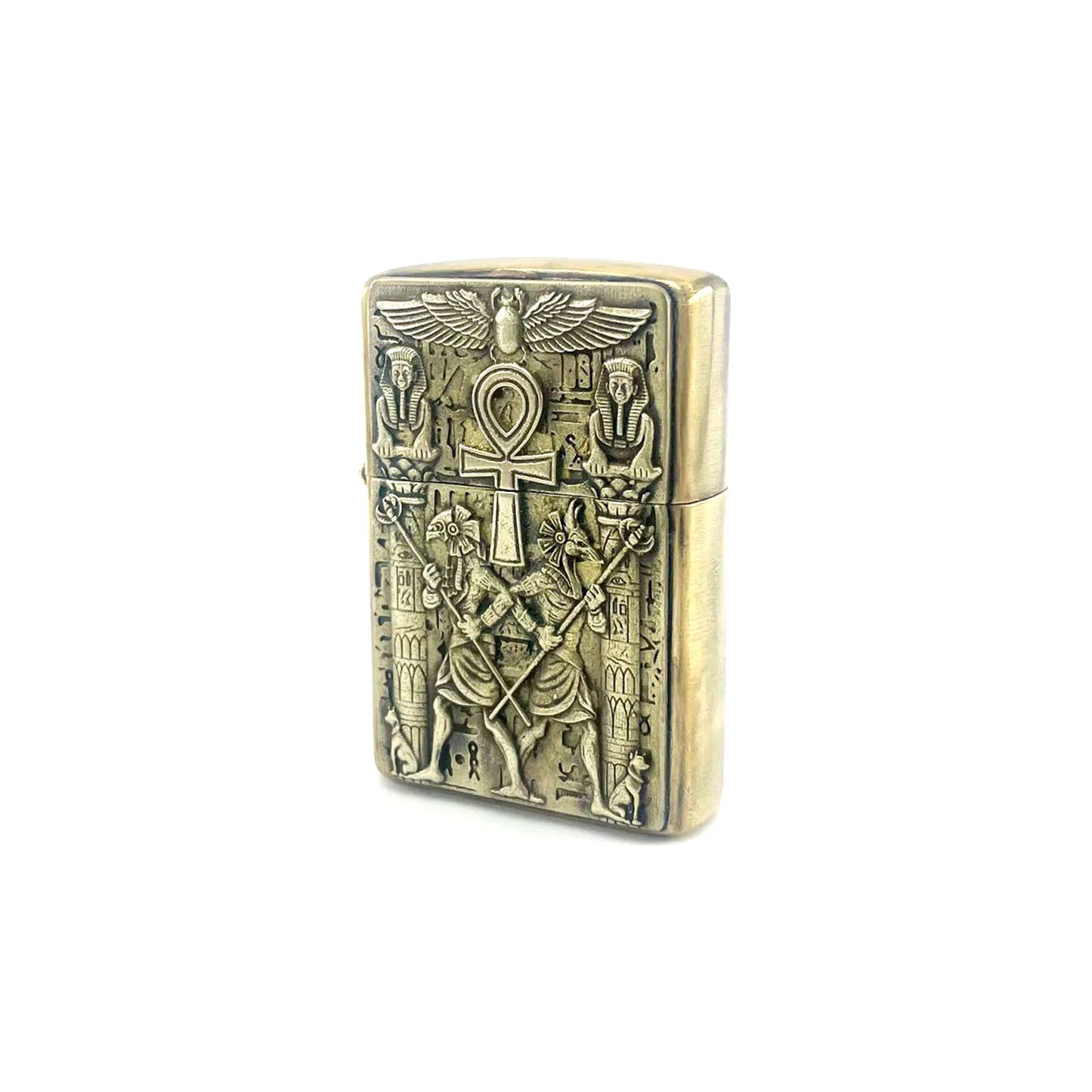 Handmade Vintage Brass Lighter Case EDC Outdoor, Lighter Insert Replacement Metal Armor-Egyptian Pharaohs Sphinxes