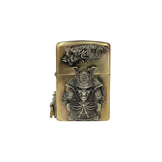 Handmade Vintage Brass Lighter Case EDC Outdoor, Lighter Insert Replacement Metal Armor-Japan Samurai